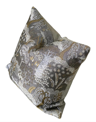 Botanical tapestry cushion in platinum and gold with velvet backing